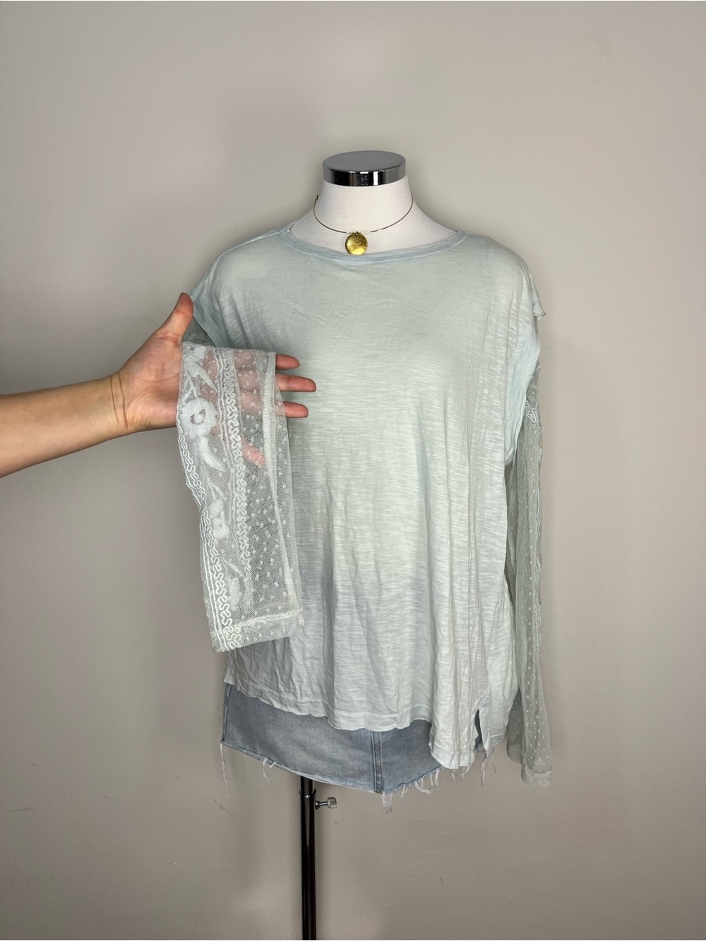 Free People Billie Jean Twofer Top NWT XL Light Aqua Lace Sleeve Boho - Picture 3 of 8